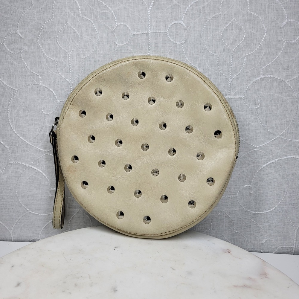 Leonello Borghi Round Leather Clutch Wristlet Handbag Cream Studded Rivet Y2K